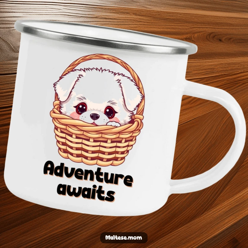 Funny white fluffy dog peeking from a small basket on a durable camping mug, ready for outdoor fun, a funny gift.