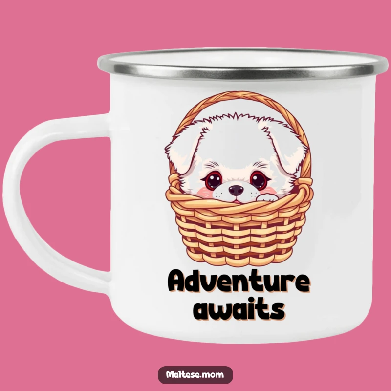 Funny White Fluffy Dog Camping Mug - Curious Pup Basket Outdoor Cup, Adventure Gift