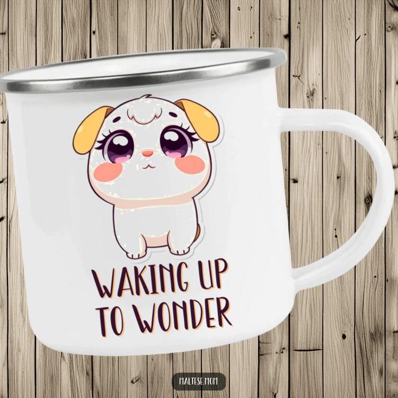 Funny camping mug with a small character gazing upwards with large, expressive adoring eyes, designed for cute outdoor experiences.