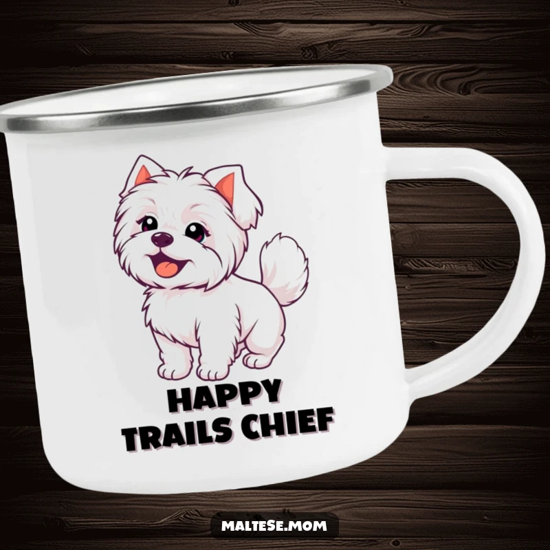 Funny Kawaii Maltese dog with a joyful expression and wagging tail, a durable and humorous camping mug.
