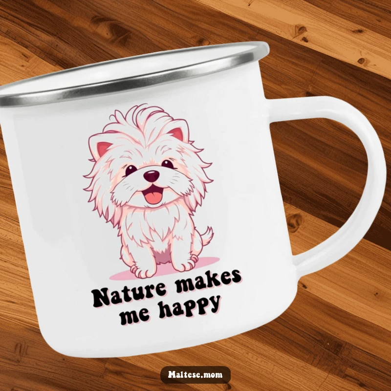 Funny Maltese Dog Camping Mug: A Maltese with a fluffy mane shakes its head joyfully, perfect for outdoor sips and happy times.