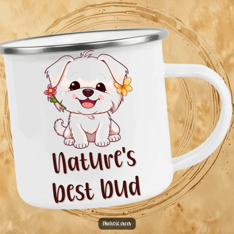 Funny Maltese dog camping mug with a happy white dog wearing a flower, its tail wagging outdoors.