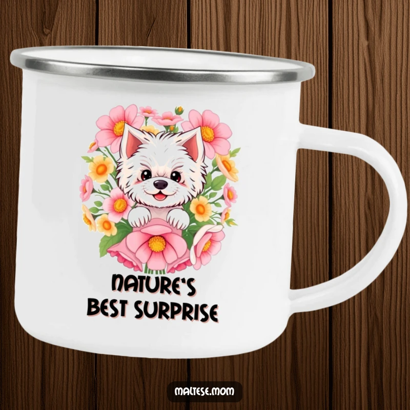 Funny Maltese camping mug with a smiling Maltese peeking from behind a vibrant flower arrangement, adding a touch of nature's charm.