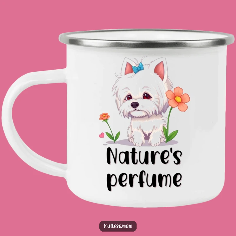 Funny Maltese Lady Camping Mug: Outdoor Explorer, Floral Fun, Hilarious Gift