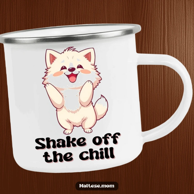 Funny Camping Mug showing a fluffy dog energetically shaking its head with a joyful motion, ideal for outdoor enthusiasts.