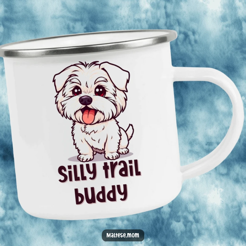 Funny Maltese Dog Camping Mug: Durable mug with a dog in a silly pose, tongue out, ideal for enjoying the outdoors humorously.