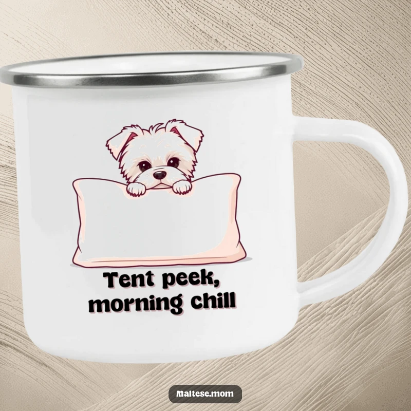 Funny Maltese puppy peeking from behind a big, soft cushion, on a durable camping mug for outdoor fun.