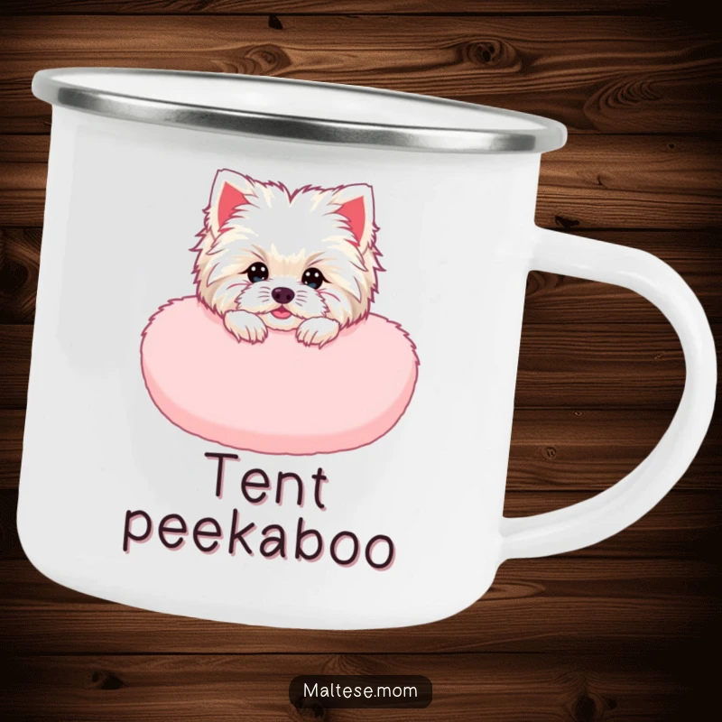 Funny Maltese Lady Camping Mug: A Maltese dog peeking from a pink cushion, ideal for cozy outdoor fun and funny gifting.