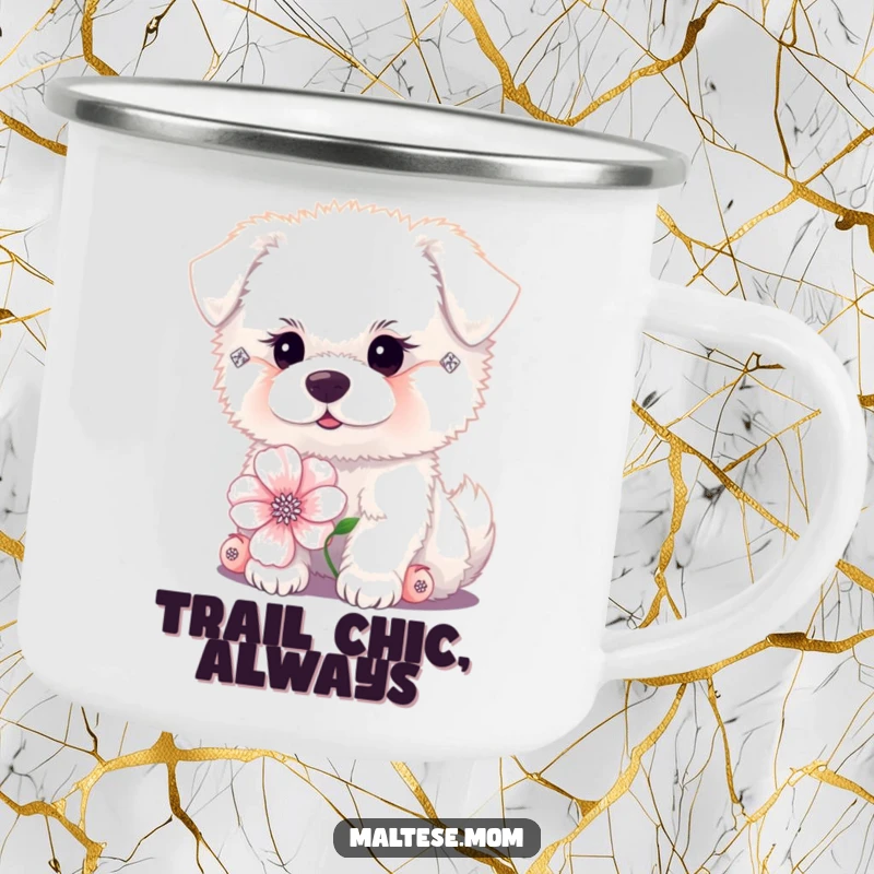 Funny tiny fluffy white dog with diamond earrings posing with a flower on a camping mug. Chic outdoor drinkware, perfect funny gift.