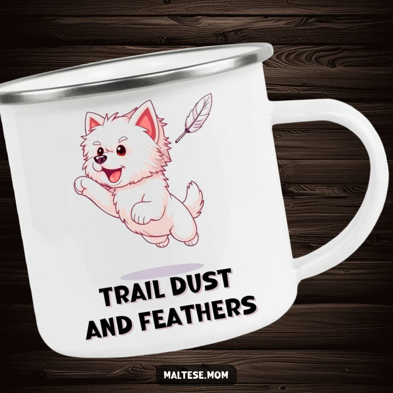 Funny Maltese puppy caught in an excited leap, reaching for a feather, on a durable camping mug.