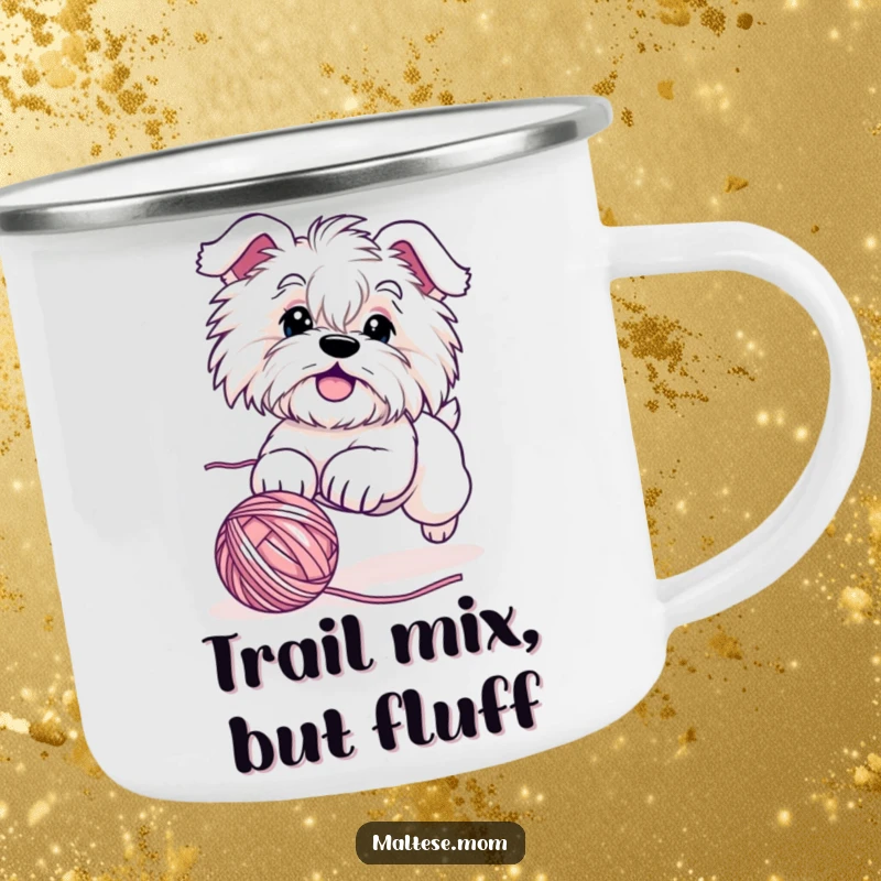 Funny Maltese dog camping mug illustrating a cute character enthusiastically chasing a rolling ball of yarn, built for outdoor enjoyment.