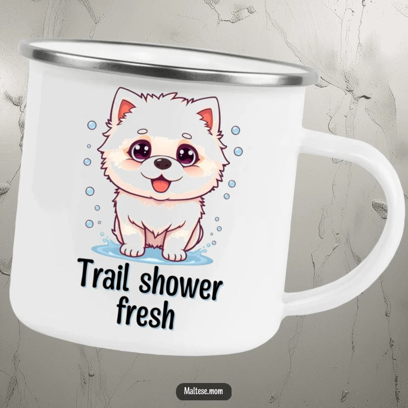 Funny dog camping mug with a fluffy white dog mid-shake, water droplets flying, perfect for rugged, humorous sipping.