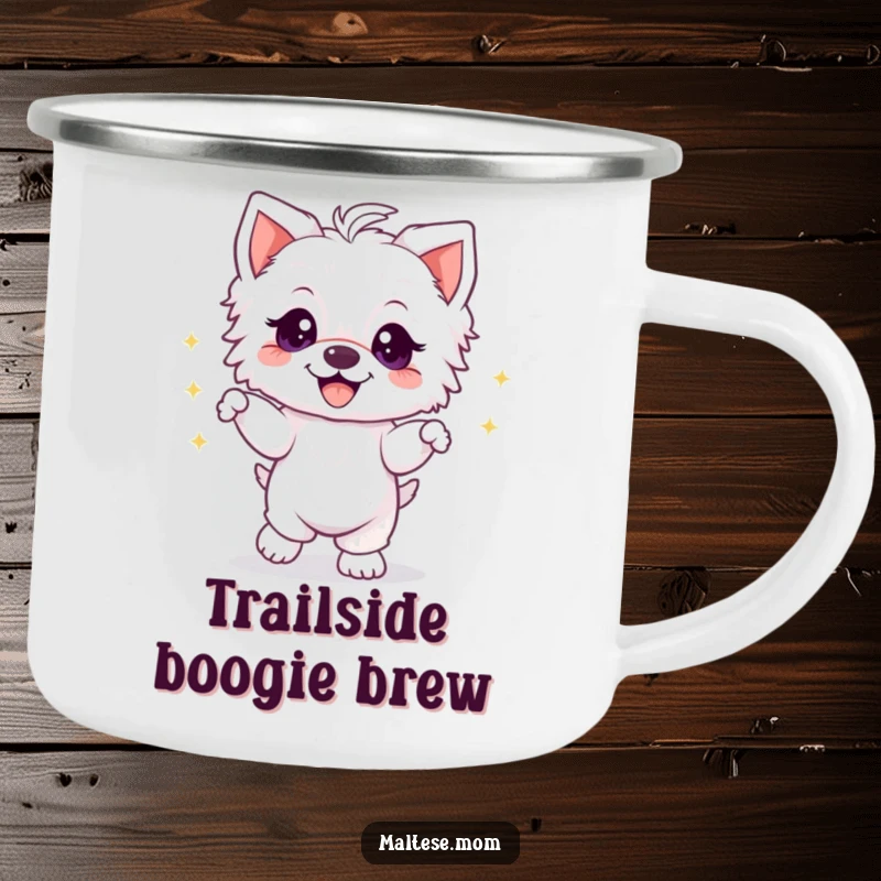 Funny Maltese puppy dancing with sparkly eyes and a huge grin, on a durable camping mug for outdoor parties.