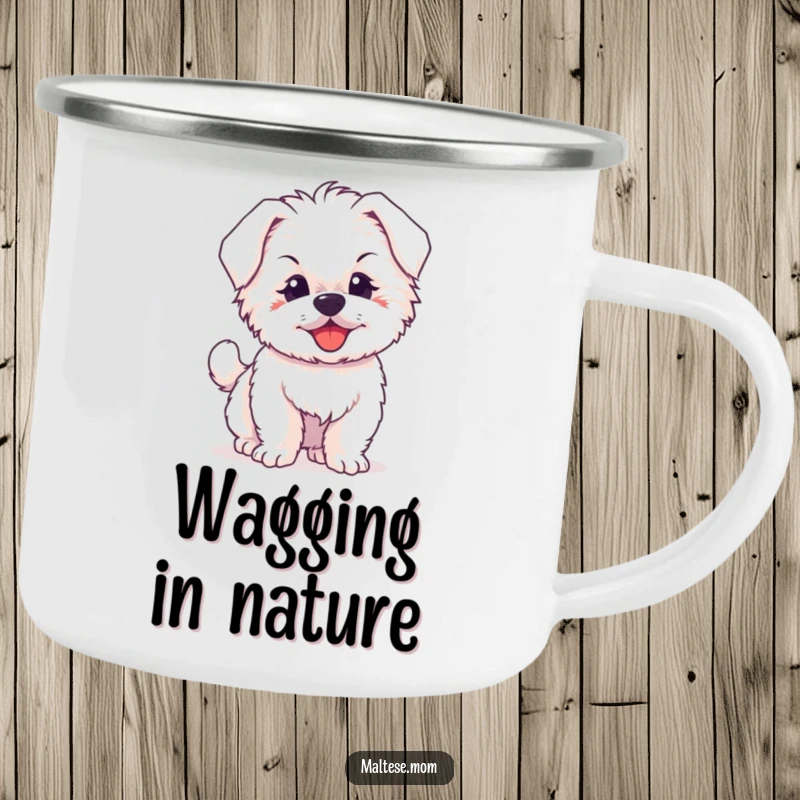 Funny camping mug featuring a fluffy Maltese puppy joyfully wagging its tail, durable and perfect for outdoor enjoyment.