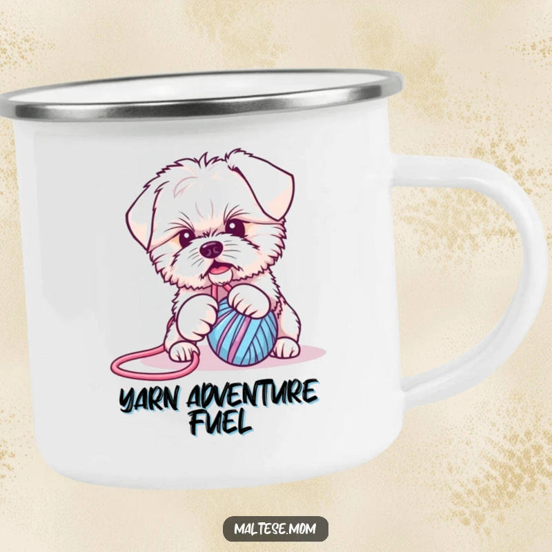 Funny Maltese puppy camping mug: a playful dog tangled in yarn, perfect for outdoor adventures and morning coffee with a smile.