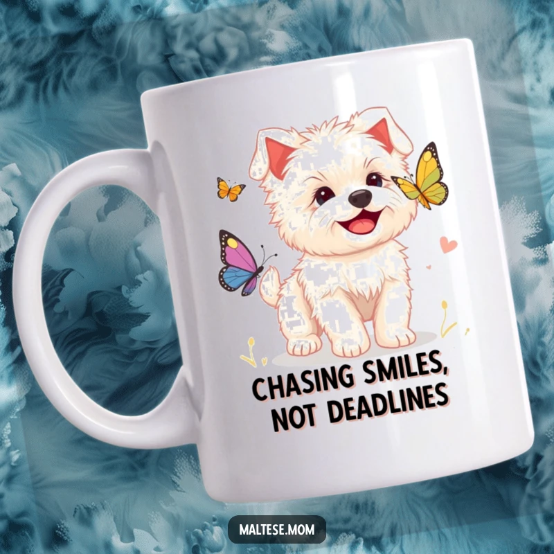 Funny mug depicting a happy Maltese puppy with a big smile, joyfully chasing a colorful butterfly in a sunny garden.