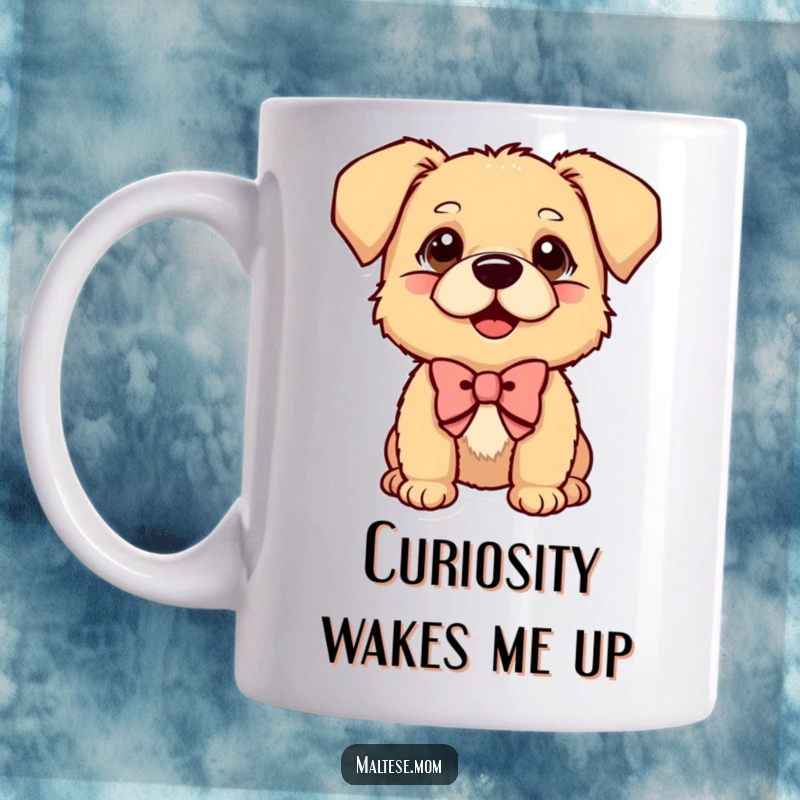 Funny Mug showing a small dog with a bow tilted its head curiously, exuding playful charm and cuteness.