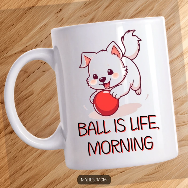 Funny Mug depicting a white dog with a perky tail enthusiastically chasing a bright red ball, full of action.