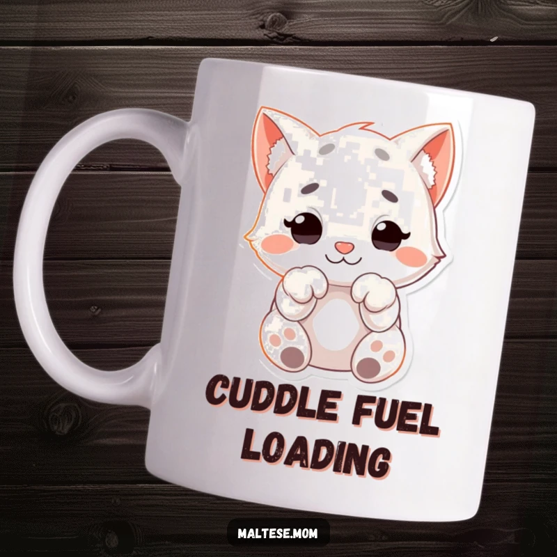 Funny Mug displaying a character with paws curled up, radiating softness and a cuddly, huggable aura, perfect for cozy moments.