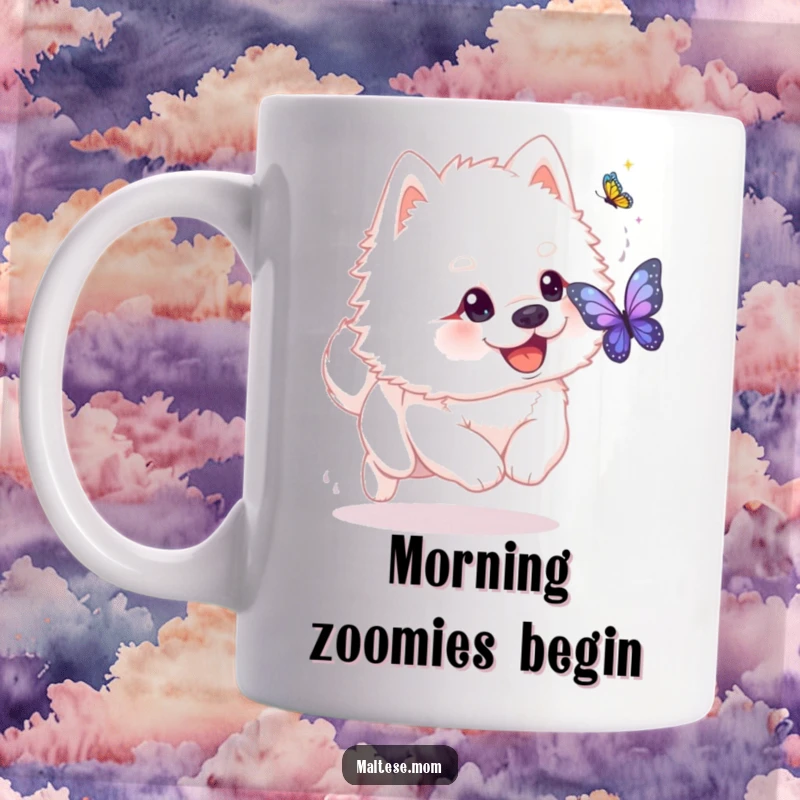 Funny fluffy white dog with playful glint chasing shimmering butterfly on mug. Joyful pet humor, perfect funny gift.