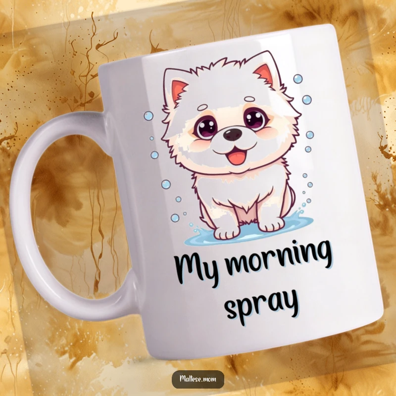 Funny dog mug featuring a fluffy white dog mid-shake, water droplets flying everywhere, conveying pure, joyful chaos.