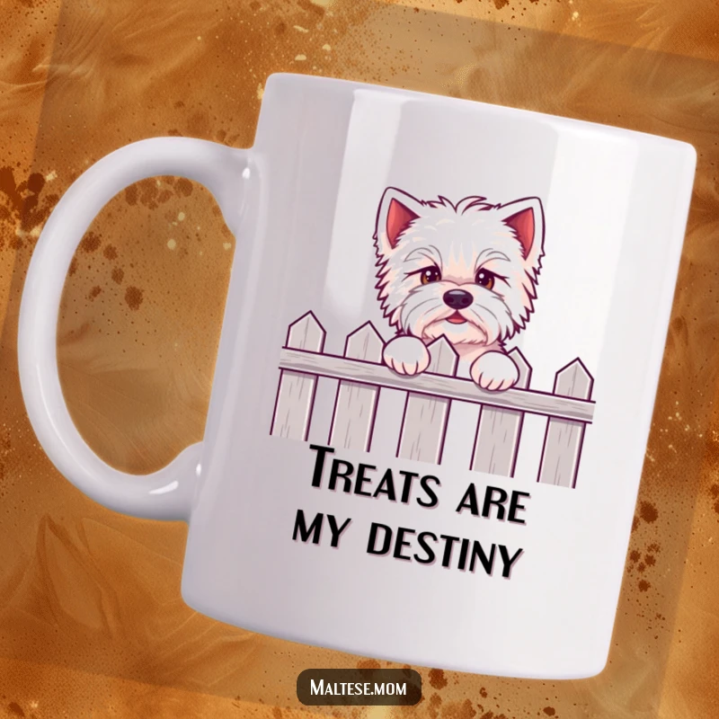 Funny Kawaii Maltese mug showing an eager puppy peeking over a fence, full of adorable anticipation and cuteness.