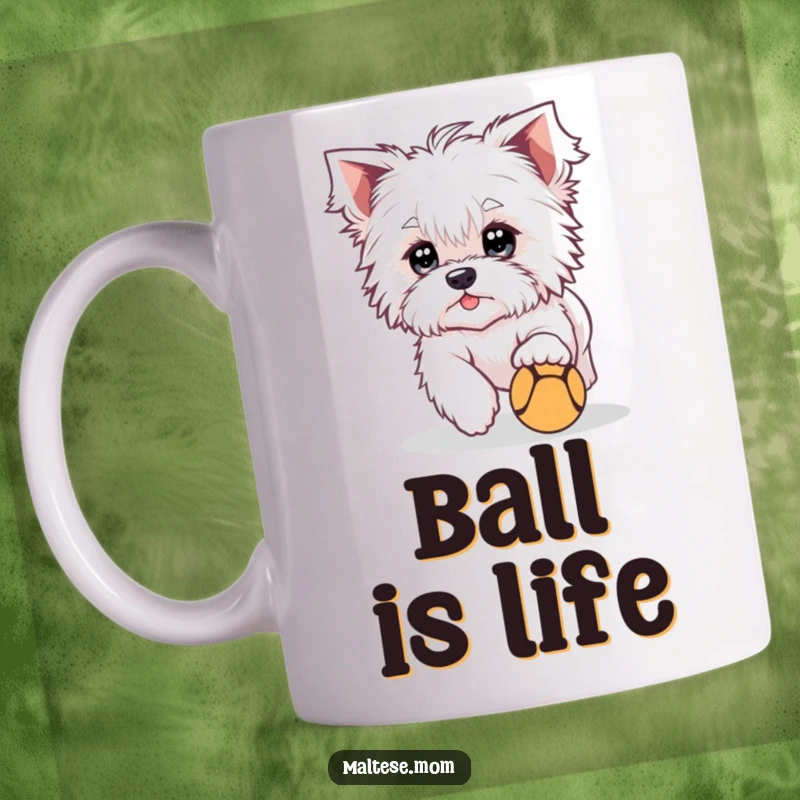 Funny Mug featuring a cute Maltese dog character with bright eyes, playfully chasing a small ball, embodying energetic fun.