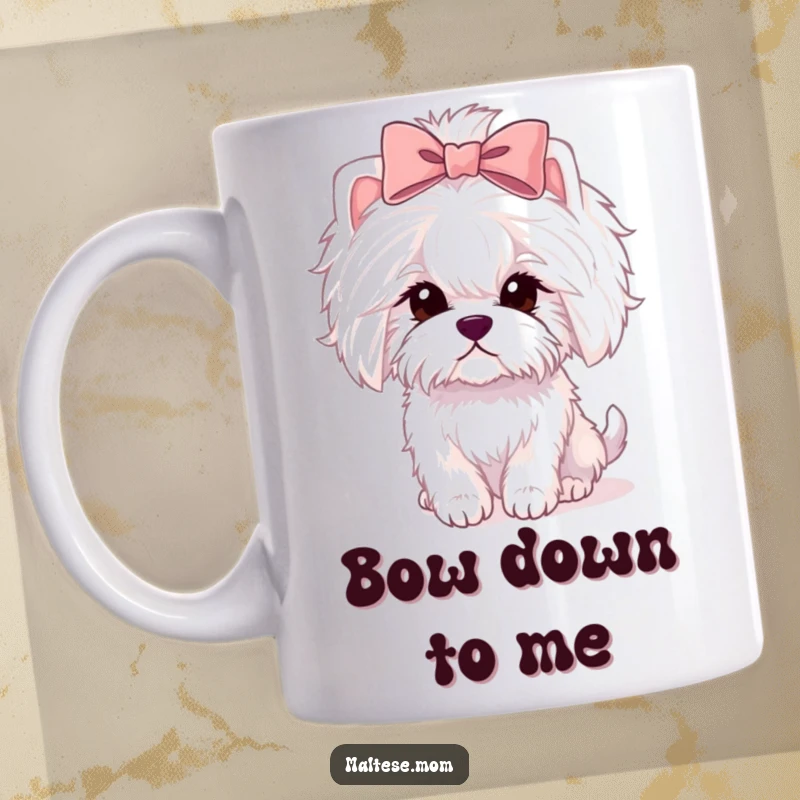 Funny Maltese lady dog mug wearing a pink bow, looking elegant and cute, perfect gift.