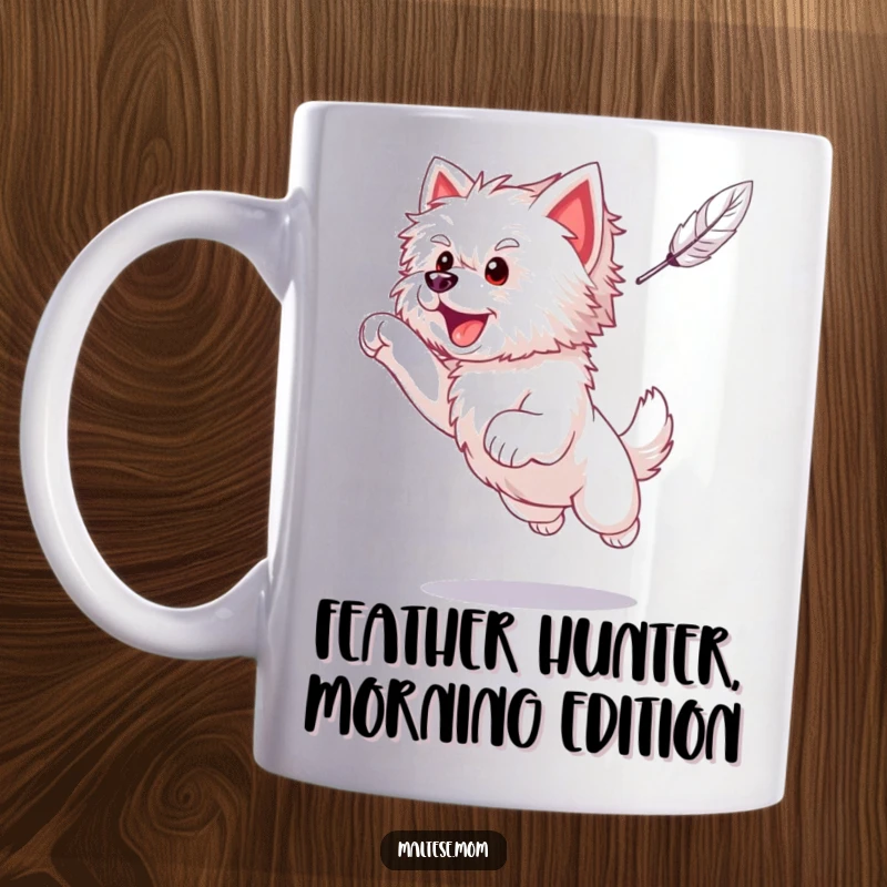 Funny Maltese puppy leaping mid-air with intense focus, trying to catch a floating feather, on a fun mug.