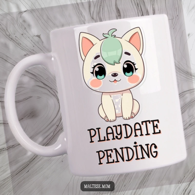 Funny Mug depicting a character looking alert and attentive, with an eager expression, ready for some fun and gentle play.