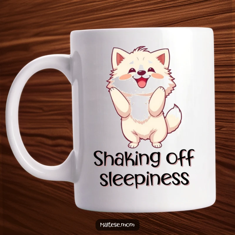 Funny Mug showing a fluffy dog shaking its head with immense joy and energetic motion, radiating happiness.