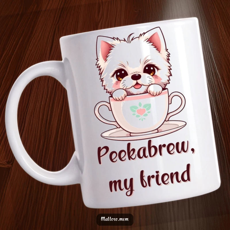 Funny Maltese Dog Mug: A shy Maltese dog peeks from behind a tiny teacup, offering a sweet, bashful smile.