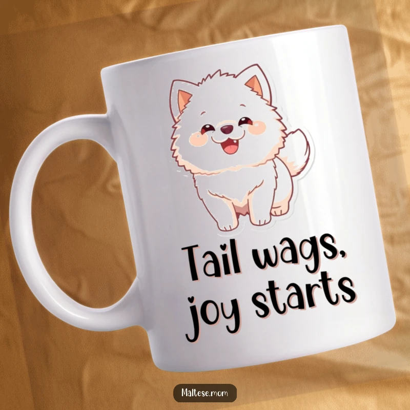 Funny Mug featuring a fluffy white dog ecstatically wagging its tail with pure happiness, perfect for dog lovers.