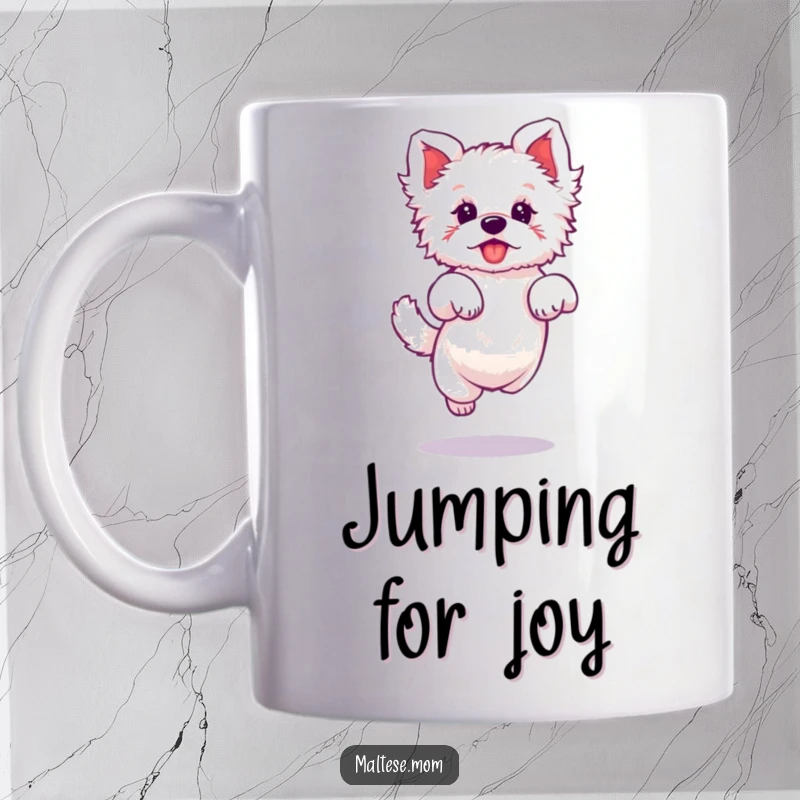 Funny mug featuring a Maltese dog character doing a tiny, elegant jump with a joyful expression.