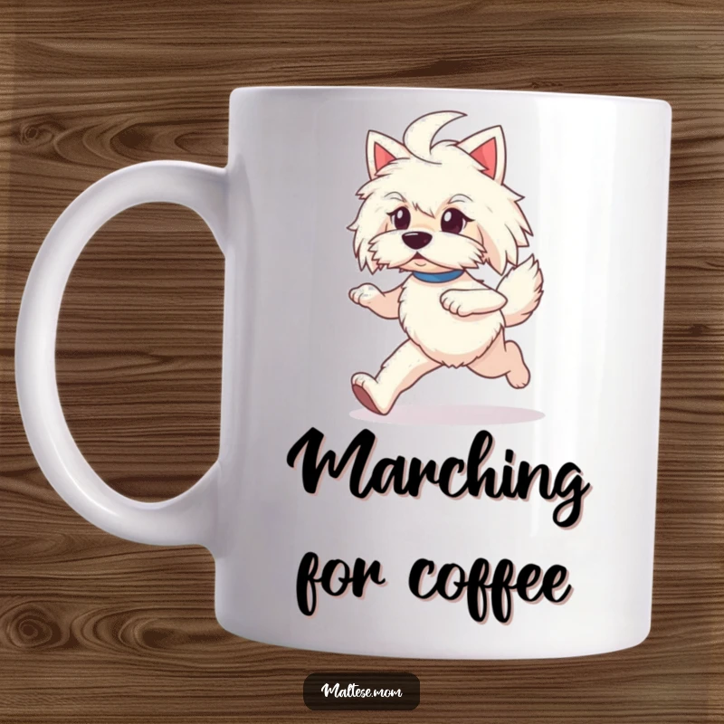 Funny Maltese lady dog mug, prancing playfully with a determined stride, energetic and cute.