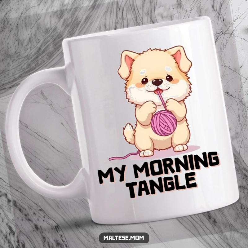 Funny mug featuring a small, fluffy dog character gleefully batting at a dangling ball of yarn, capturing pure, playful joy.