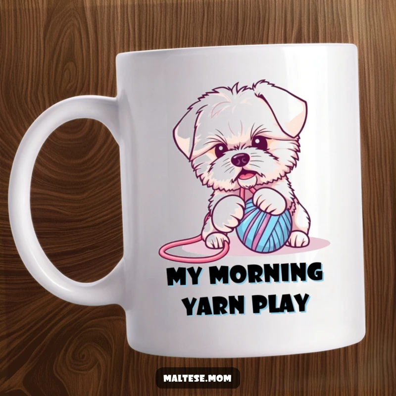 Funny Maltese puppy mug: adorable, playful pup gets hilariously tangled in a colorful yarn ball, full of puppy mischief and joy.