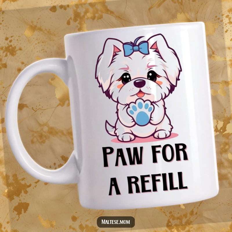 Funny mug featuring a Maltese dog character offering a paw with a charming, friendly expression.