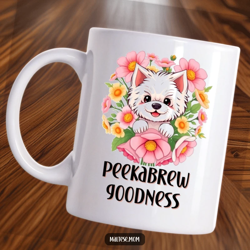 Funny Maltese dog mug with a smiling Maltese peeking from behind a large, colorful bunch of flowers, conveying playful innocence.
