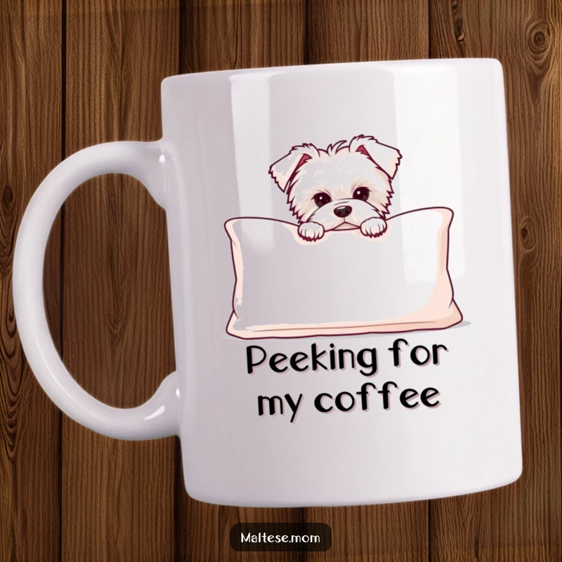 Funny Maltese puppy peeking with curious eyes from behind a large, plush, soft cushion, on a playful mug.