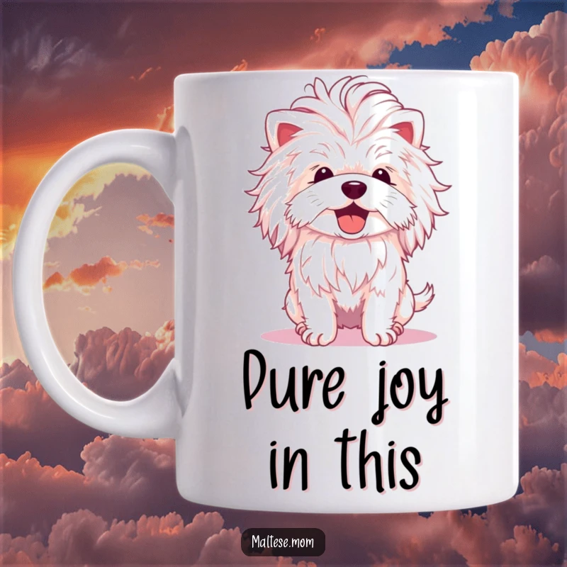 Funny Maltese Dog Mug: A Maltese with a fluffy mane joyfully shakes its head, showing delight and playful energy.
