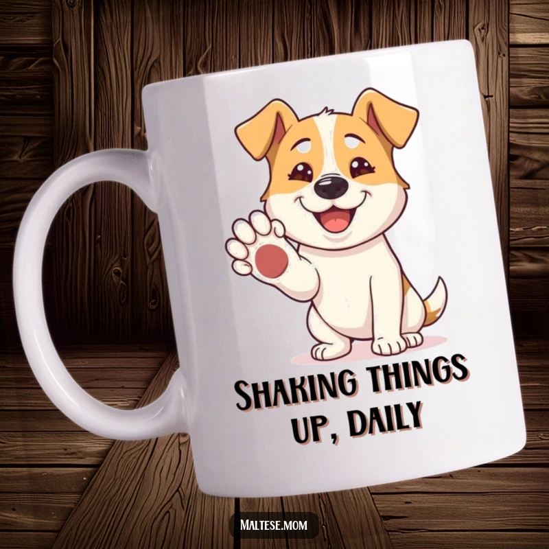 Funny Mug: A happy dog offers its paw for a shake, with a wide grin, exuding friendliness and cheerful greeting.