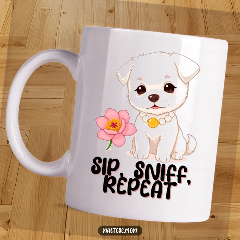 Funny small white dog with a pearl necklace sniffing a flower on a mug. Elegant pet humor, perfect funny gift.