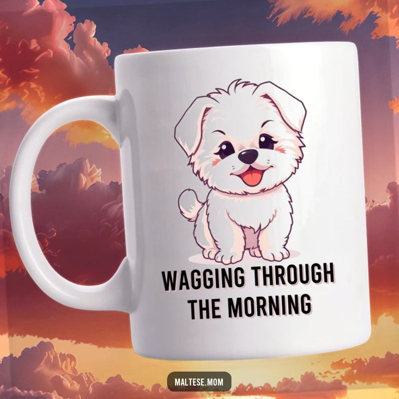 Funny mug with a fluffy Maltese puppy radiating happiness, joyfully wagging its tiny tail with excitement.
