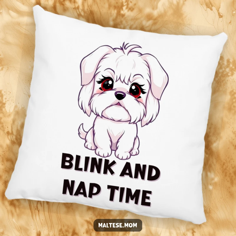 Funny decorative pillow with a Maltese dog character's sweet, innocent blink, perfect for adding comfort and humor.
