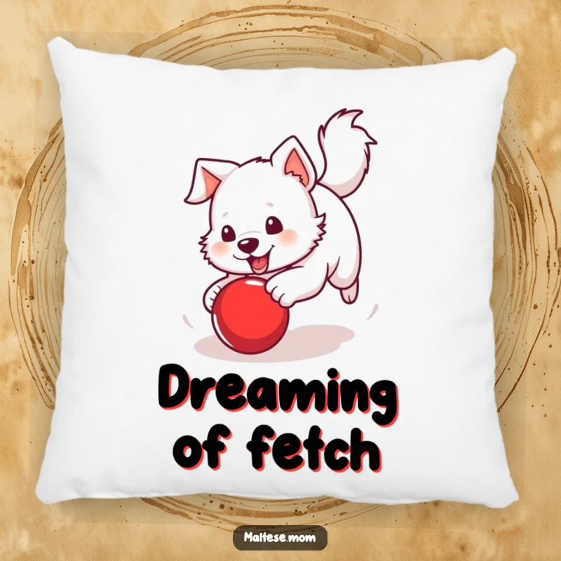 Funny Pillow featuring a white dog with a perky tail chasing a bright red ball, adding playful energy to decor.