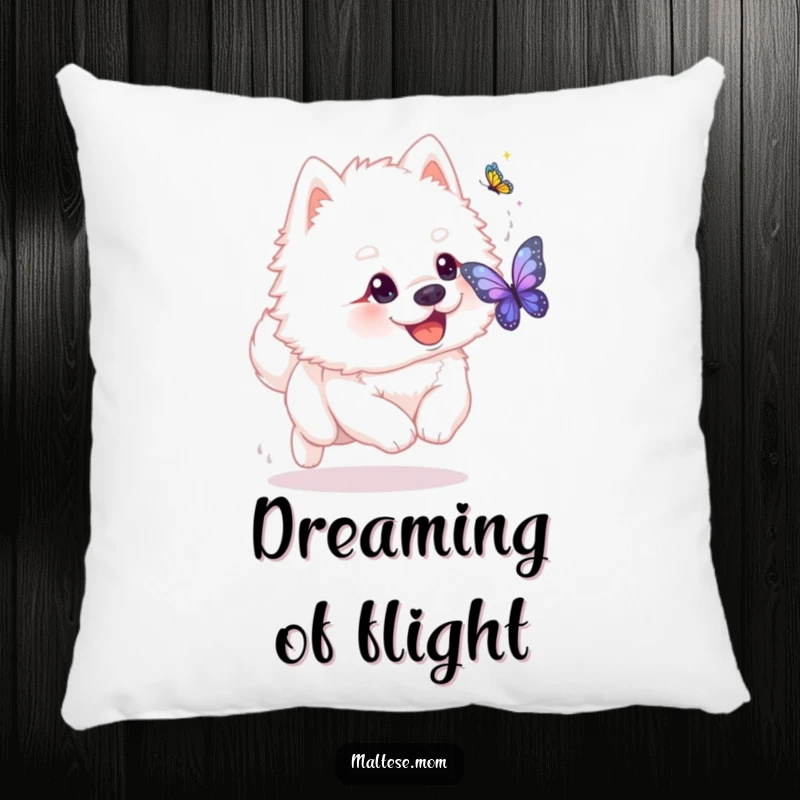 Funny fluffy white dog with playful glint chasing shimmering butterfly on pillow. Cozy playful pet decor, ideal funny gift.