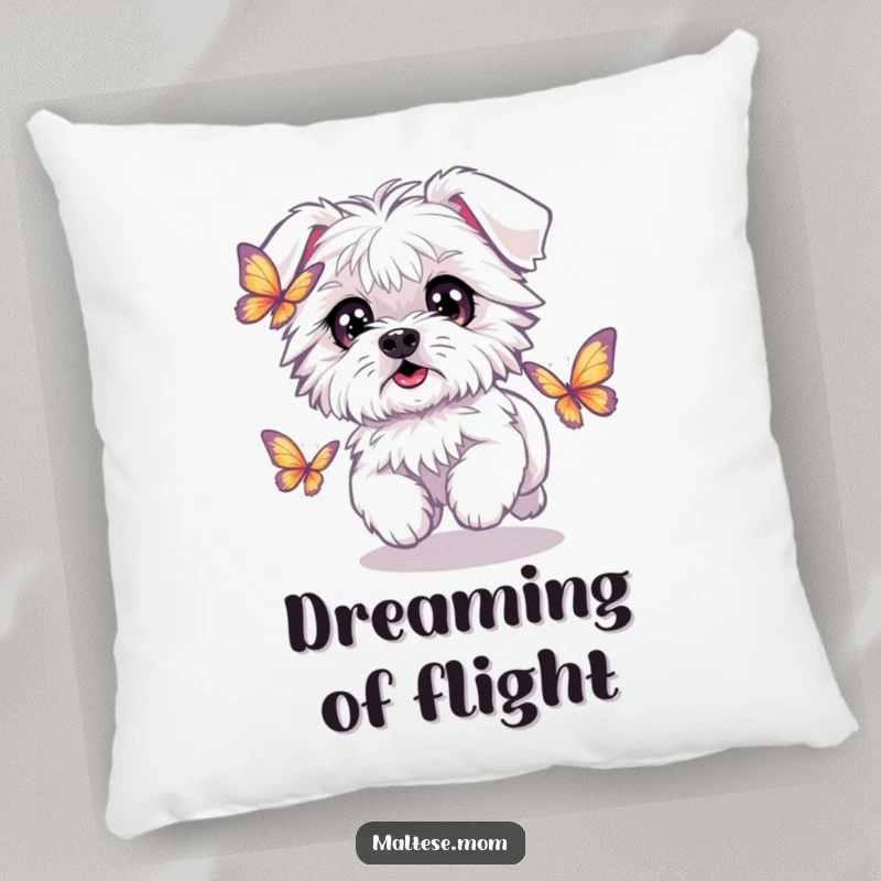 Funny Kawaii Maltese dog with sparkling eyes, chasing a butterfly, a soft and humorous decorative pillow.