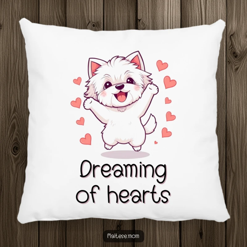 Funny Kawaii Maltese dog pillow, a fluffy white dog captured in a joyful jump, surrounded by small, sweet hearts, adding comfort and humor.