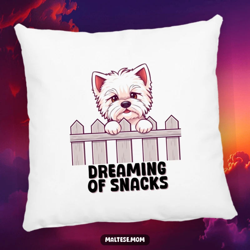 Funny Kawaii Maltese pillow featuring an adorable puppy peeking over a fence, full of cute anticipation and snuggable softness.